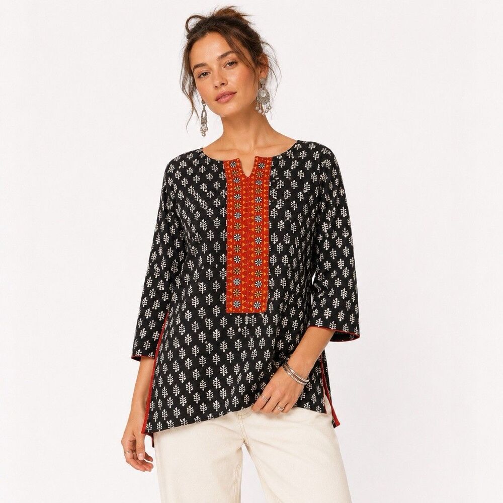 Indian Buti Block Print Cotton Kurta Kurti Ethnic Tunic Top Short  3/4 Sleeve XL